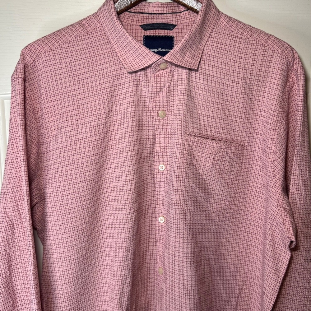 Tommy Bahama Mens XLX Pink‎ Silk Cotton Grid Long Sleeve Button Down Shirt